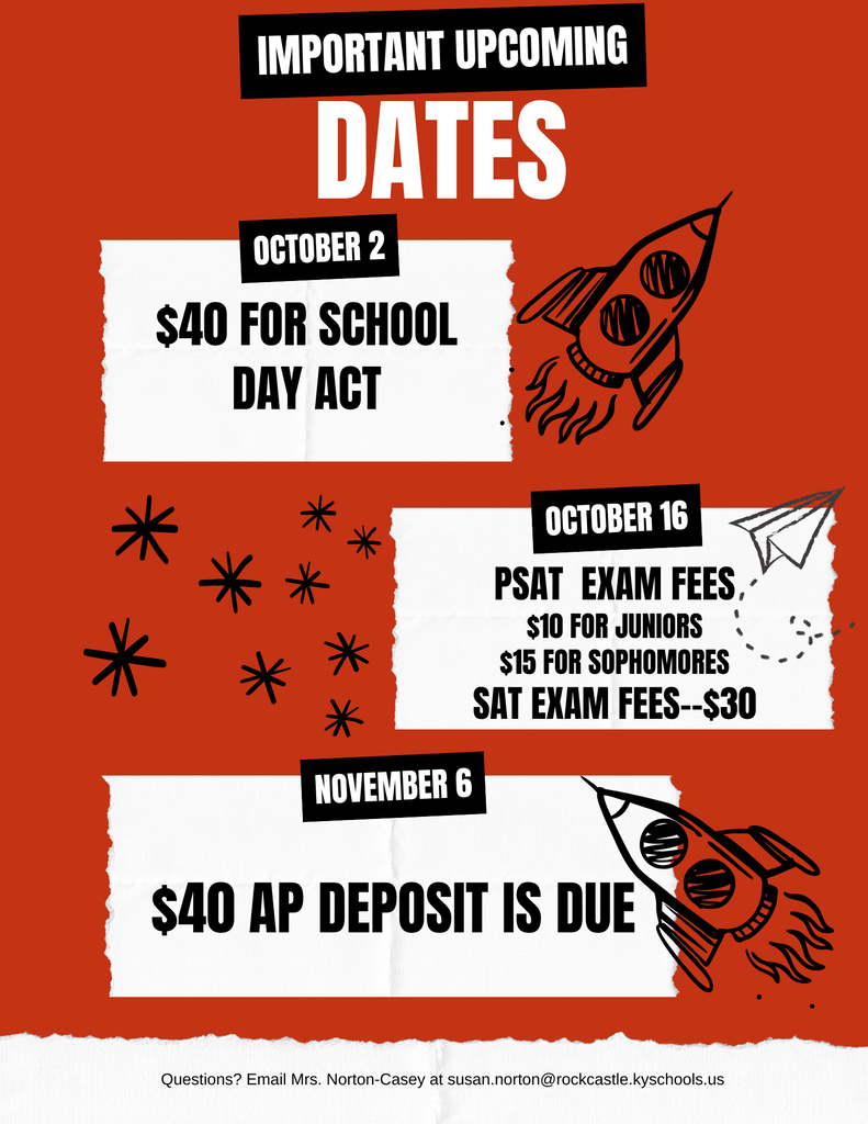 A reminder regarding fees for exams.  Each fee is in a white box that looks like torn paper.  They are placed against a red background. 