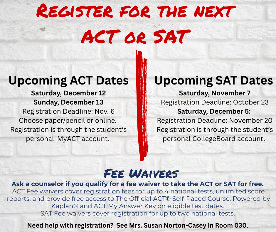 An announcement about registering for college admissions exams is in red letters against a background that looks like a brick wall painted white.   A red line divides the picture into two:  one side lists ACT information and the other lists SAT information. 