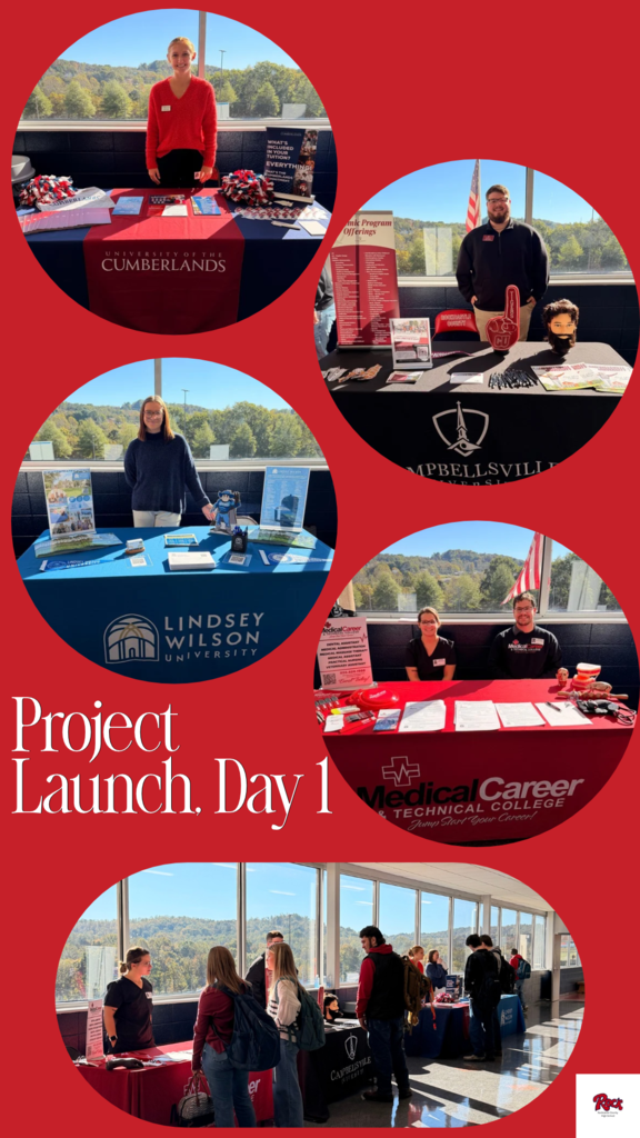 A collage of five photos against a deep red background.  Four of the photos are circular and each one shows someone standing or sitting behind a cloth covered table.   The bottom pictures shows high school students standing at different tables talking to representatives. 