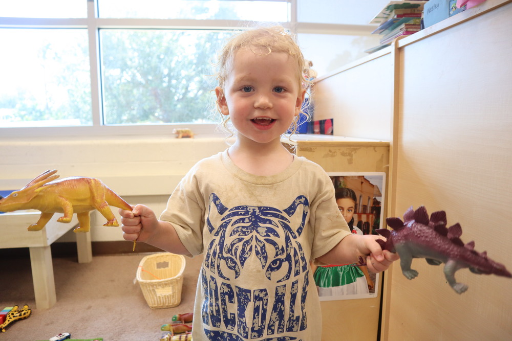 Toddler student holding two toy dinosaurs