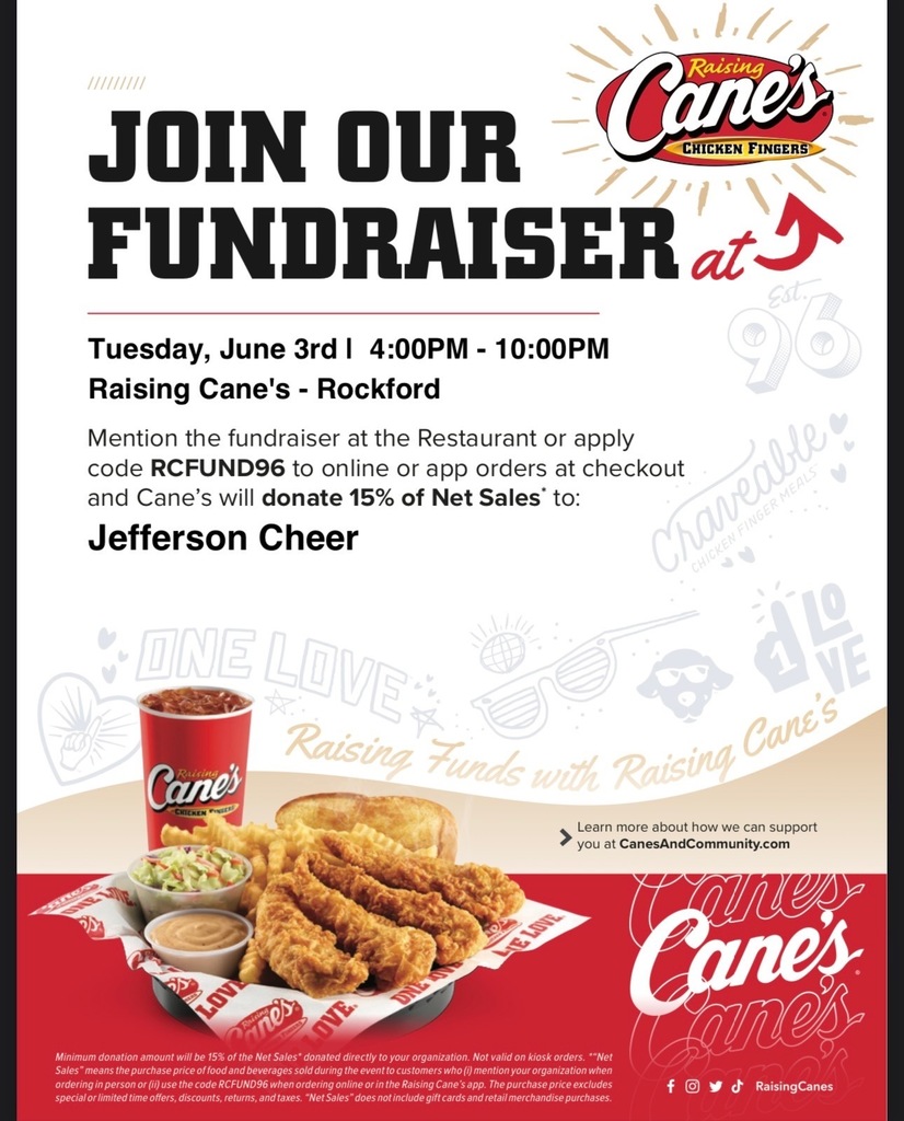 Jefferson Cheer Fundraiser June 3rd 4-10pm.