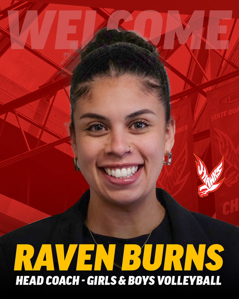 Portrait of Raven Burns smiling in front of a red Jefferson High School gym background with banners and bold text. The words “WELCOME” are in the background, and “RAVEN BURNS – Head Coach – Girls & Boys Volleyball” is displayed prominently at the bottom in yellow and white font. A J-Hawks logo is also visible.