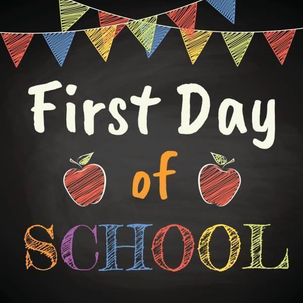 First day of school with banner and apples