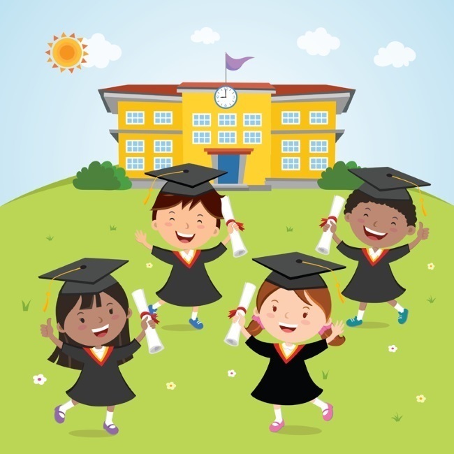 4 kids in graduation gowns with school in the background