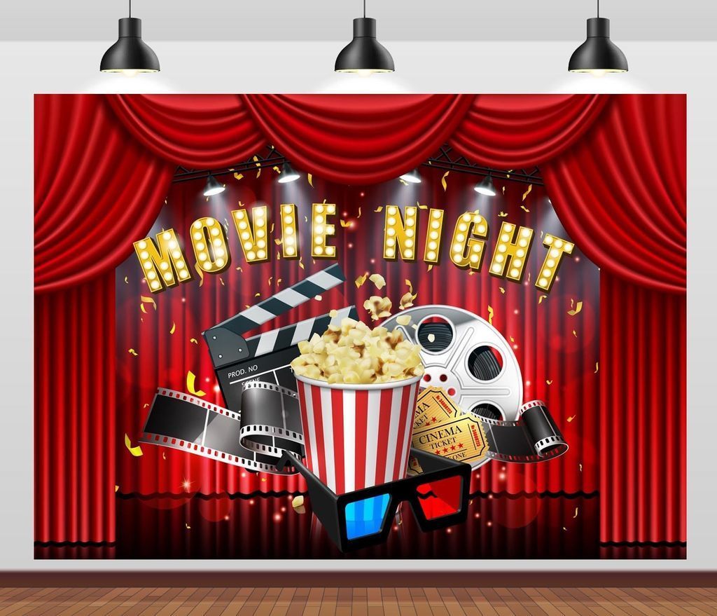 Movie night with curtain and popcorn, film strip and reel 