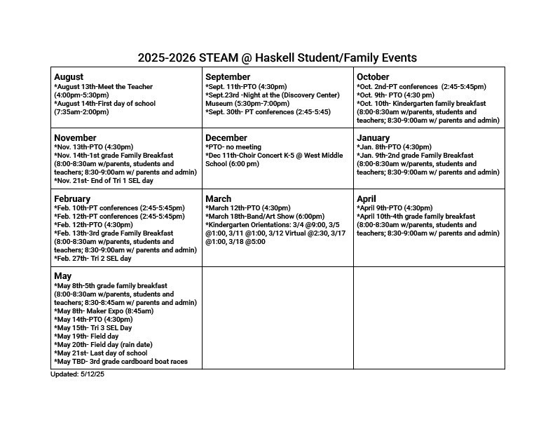 STEAM at Haskell Family Events Calendar
