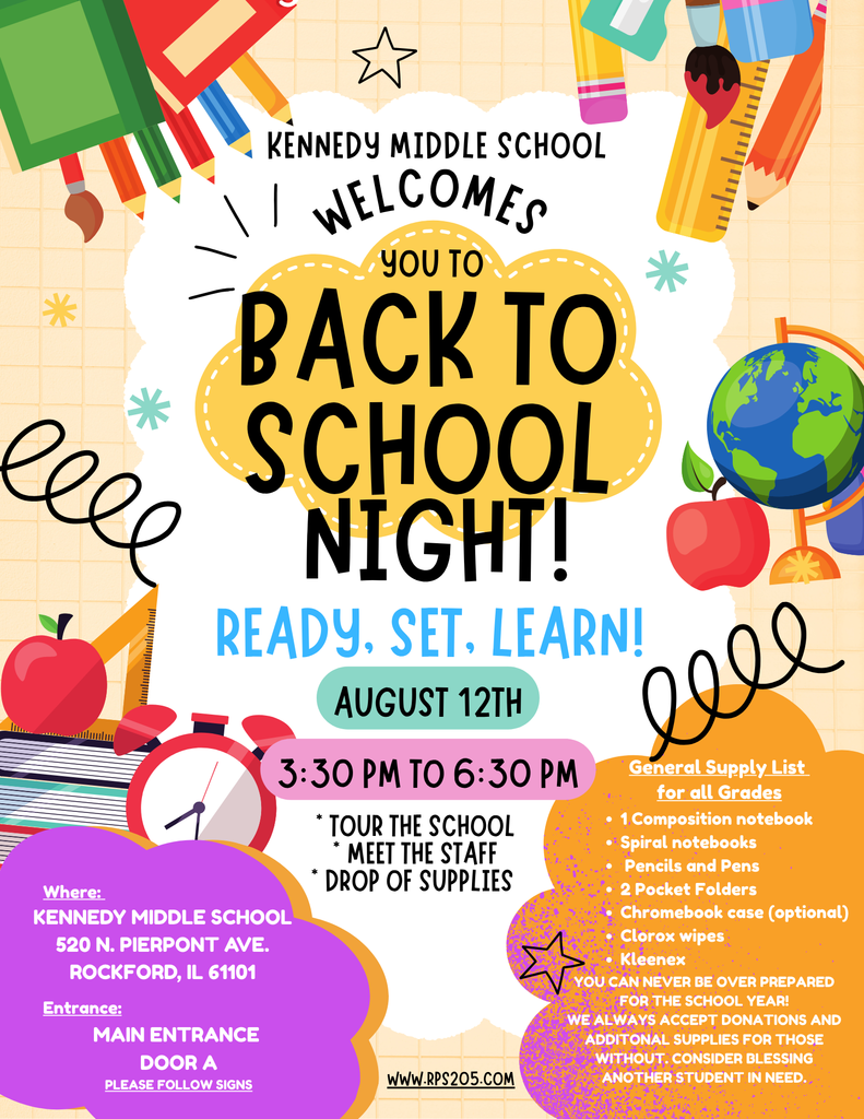 Back to School Night August 12th, 3:30 pm to 6:30 pm.
