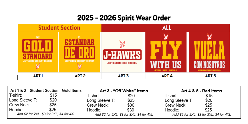 Jefferson High School spirit wear designs featuring a classic red shirt, a premium off-white shirt, and a student-only “Gold Standard / El Estándar de Oro” shirt. Bold text reads “Fly With Us | Vuela Con Nosotros” in red and gold.