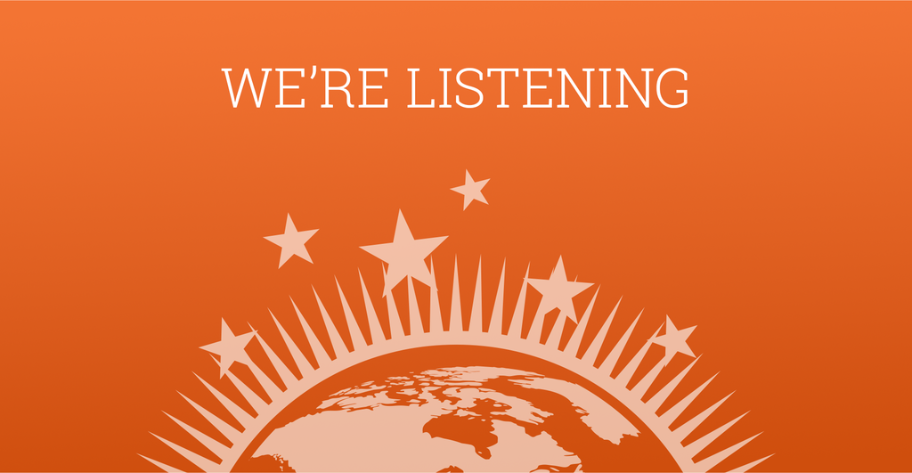 Orange rectangle with the words We're Listening over the top portion of the RPS 205 Globe logo