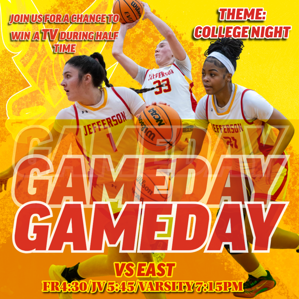 🟥🟨 GAME DAY | Girls Basketball 🟨🟥  It’s College Theme Night at Jefferson—rock your favorite college gear and bring the energy for a full night of J-Hawk hoops! 🏀🎓  🏀 Jefferson vs. East High School 🏀  ⏰ Freshman: 4:30 PM ⏰ JV: 5:45 PM ⏰ Varsity: 7:15 PM  🎯 HALFTIME HIGHLIGHT | MEDIO TIEMPO 📺 Half-Court Shot to WIN A TV! 📺 ¡Tiro desde media cancha para GANAR una TV!  ➡️ Must be registered ➡️ Debe estar registrado/a  ➡️ Must be seated in the student section ➡️ Debe estar sentado/a en la sección de estudiantes  Let’s pack the gym, show that red & gold pride, and cheer on our J-Hawks all night long! 🟥🟨  #FlyWithUs #VuelaConNosotros