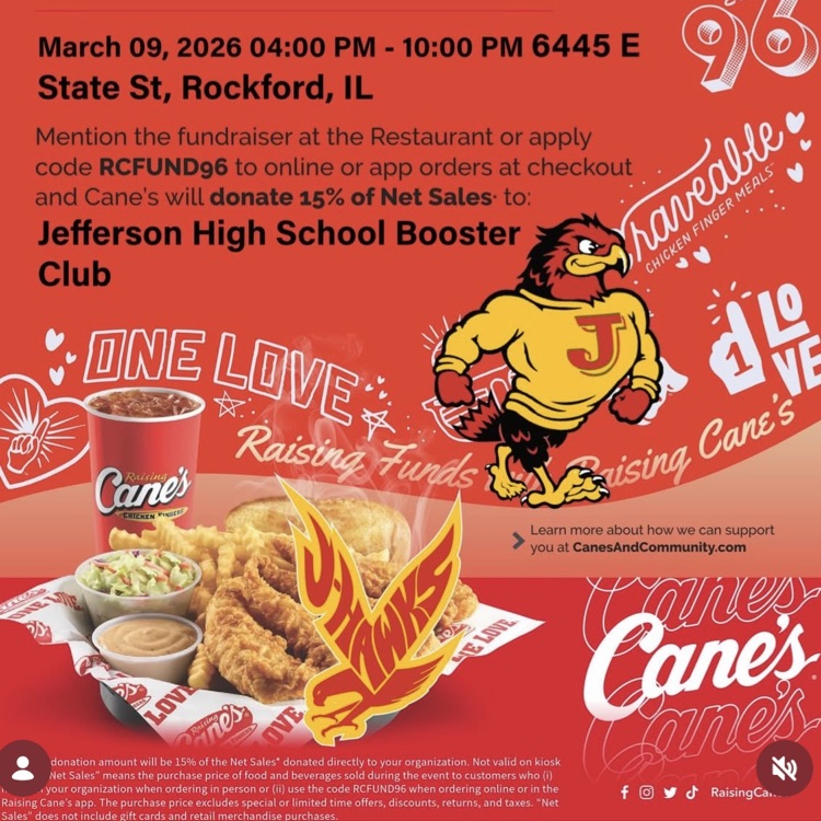 Raising Cane’s fundraiser flyer for Jefferson High School Booster Club. March 9 from 4–10 PM at 6445 E State St, Rockford. Mention the fundraiser or use code RCFUND96 and 15% of sales will be donated to Jefferson.