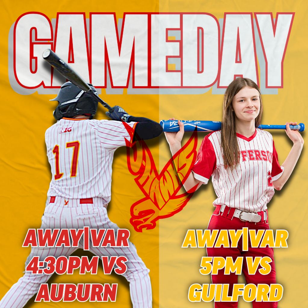 🟥🟨 GAMEDAY 🟥🟨  ⚾ Baseball at Auburn 🕟 4:30 PM  🥎 Softball at Guilford 🕔 5:00 PM  Good luck on the road, J-Hawks! #FlyWithUs #VuelaConNosotros