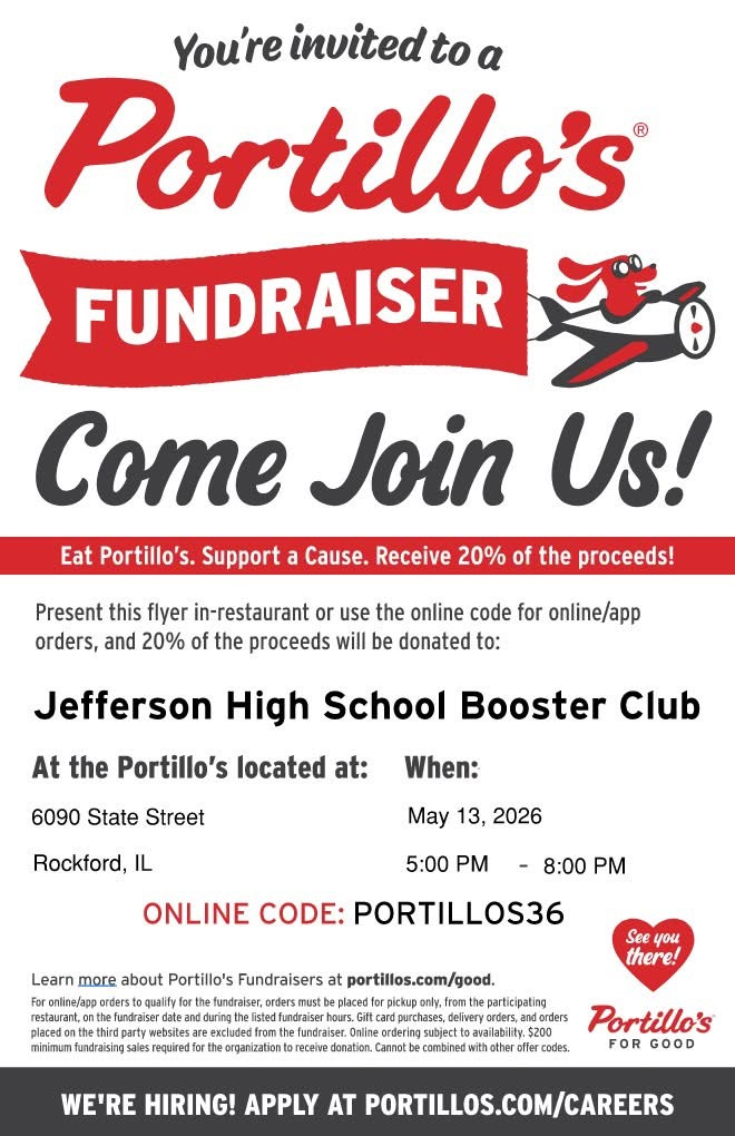 A flyer promoting Jefferson high school booster club Portillo’s night on May 13 from 5 to 8 PM