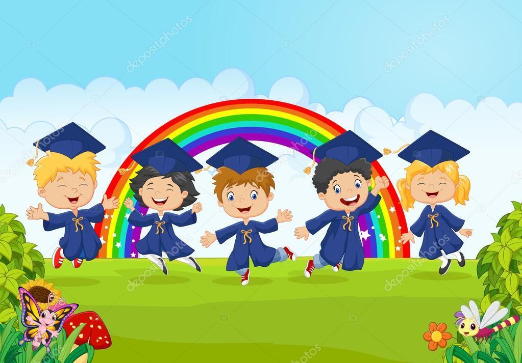 Kids graduating with rainbow in background