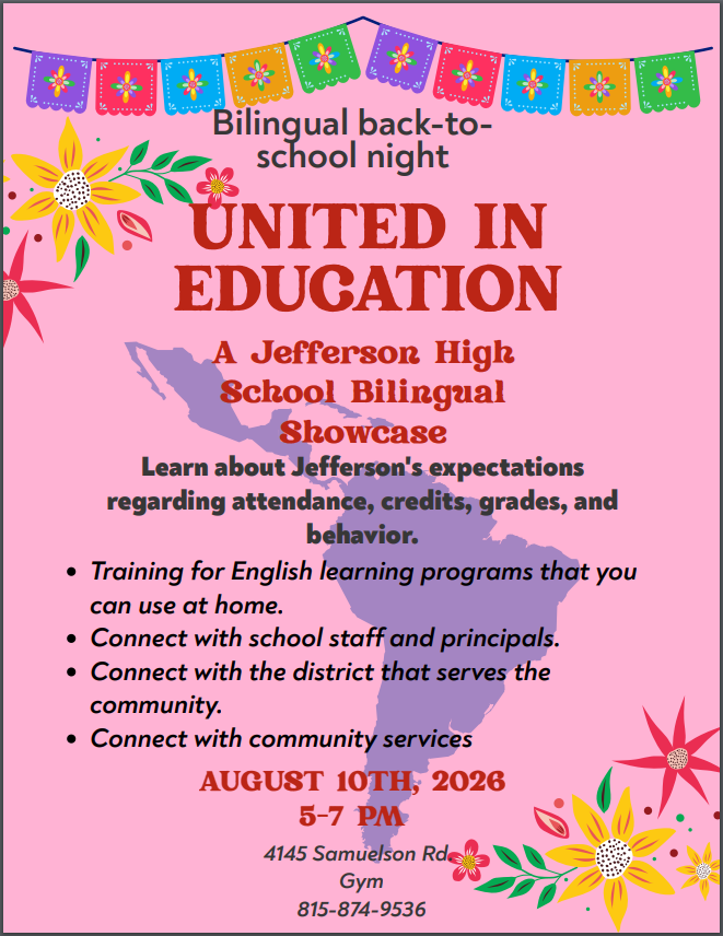 🟥🟨 UNITED IN EDUCATION / UNIDOS EN LA EDUCACIÓN 🟨🟥  Join us for Jefferson High School’s **Bilingual Back-to-School Night & Multicultural Showcase**  📅 **August 10, 2026** ⏰ **5:00–7:00 PM** 📍 **Jefferson High School** 4145 Samuelson Rd.  Families are invited to connect, learn, and prepare for a successful school year.  🇺🇸 **Learn About:** • Jefferson’s expectations for attendance, credits, grades, and behavior • Training for English-learning programs you can use at home • Opportunities to connect with school staff and principals • District resources that serve our community • Community support services  🇪🇸 **Aprenda Sobre:** • Las expectativas de Jefferson sobre asistencia, créditos, calificaciones y comportamiento • Capacitación para programas de aprendizaje de inglés que puede usar en casa • Oportunidades para conectarse con el personal escolar y los directores • Recursos del distrito que sirven a nuestra comunidad • Servicios de apoyo comunitario  Come celebrate our diverse Jefferson community as we begin the school year together.  ¡Venga a celebrar nuestra diversa comunidad de Jefferson mientras comenzamos juntos el año escolar!  #UnitedInEducation #FlyWithUs #VuelaConNosotros