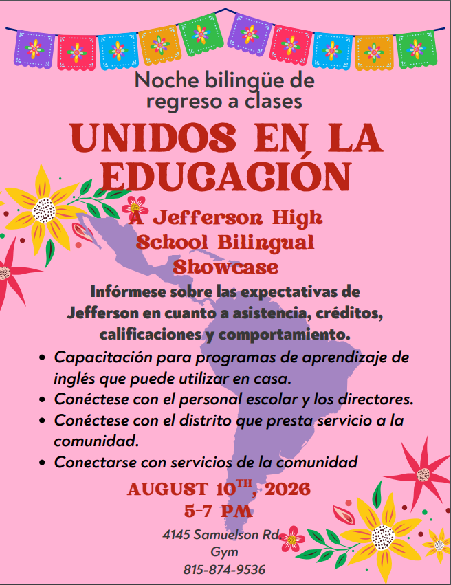 🟥🟨 UNITED IN EDUCATION / UNIDOS EN LA EDUCACIÓN 🟨🟥  Join us for Jefferson High School’s **Bilingual Back-to-School Night & Multicultural Showcase**  📅 **August 10, 2026** ⏰ **5:00–7:00 PM** 📍 **Jefferson High School** 4145 Samuelson Rd.  Families are invited to connect, learn, and prepare for a successful school year.  🇺🇸 **Learn About:** • Jefferson’s expectations for attendance, credits, grades, and behavior • Training for English-learning programs you can use at home • Opportunities to connect with school staff and principals • District resources that serve our community • Community support services  🇪🇸 **Aprenda Sobre:** • Las expectativas de Jefferson sobre asistencia, créditos, calificaciones y comportamiento • Capacitación para programas de aprendizaje de inglés que puede usar en casa • Oportunidades para conectarse con el personal escolar y los directores • Recursos del distrito que sirven a nuestra comunidad • Servicios de apoyo comunitario  Come celebrate our diverse Jefferson community as we begin the school year together.  ¡Venga a celebrar nuestra diversa comunidad de Jefferson mientras comenzamos juntos el año escolar!  #UnitedInEducation #FlyWithUs #VuelaConNosotros
