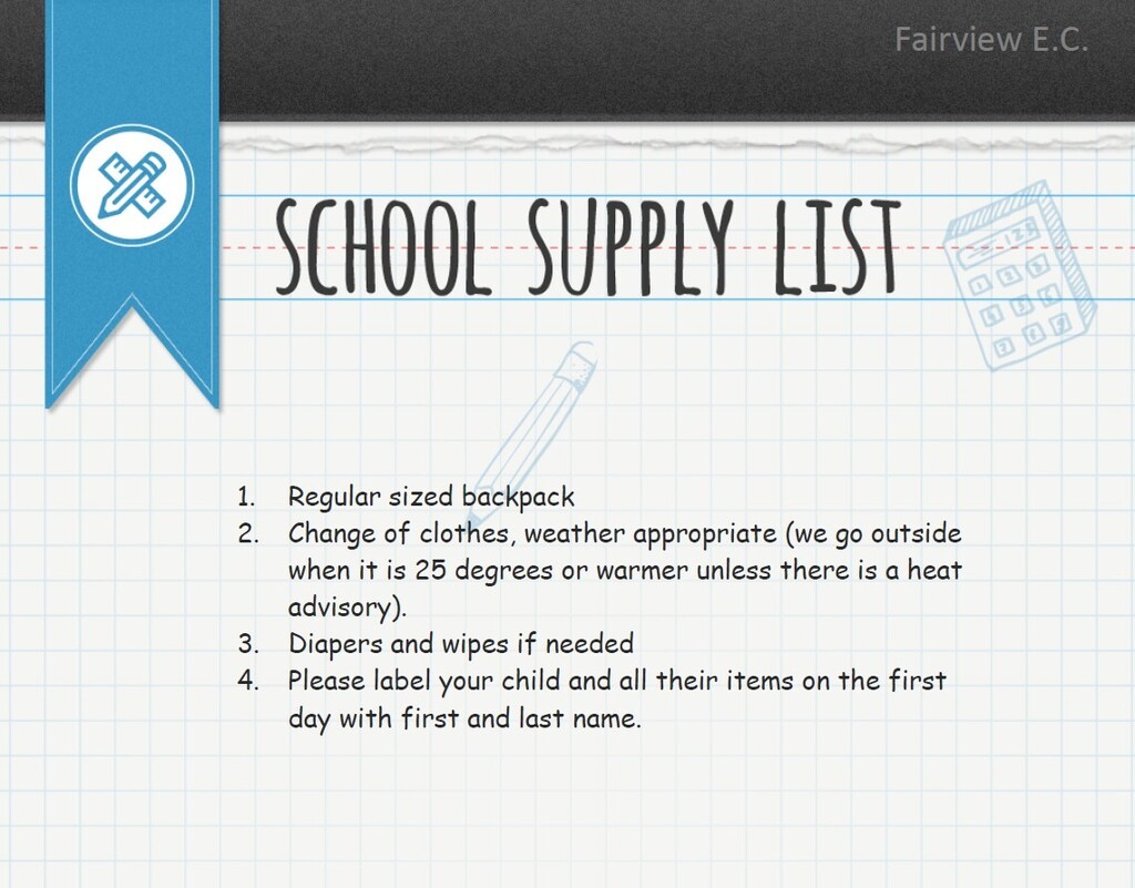 School supply list Fairview EC