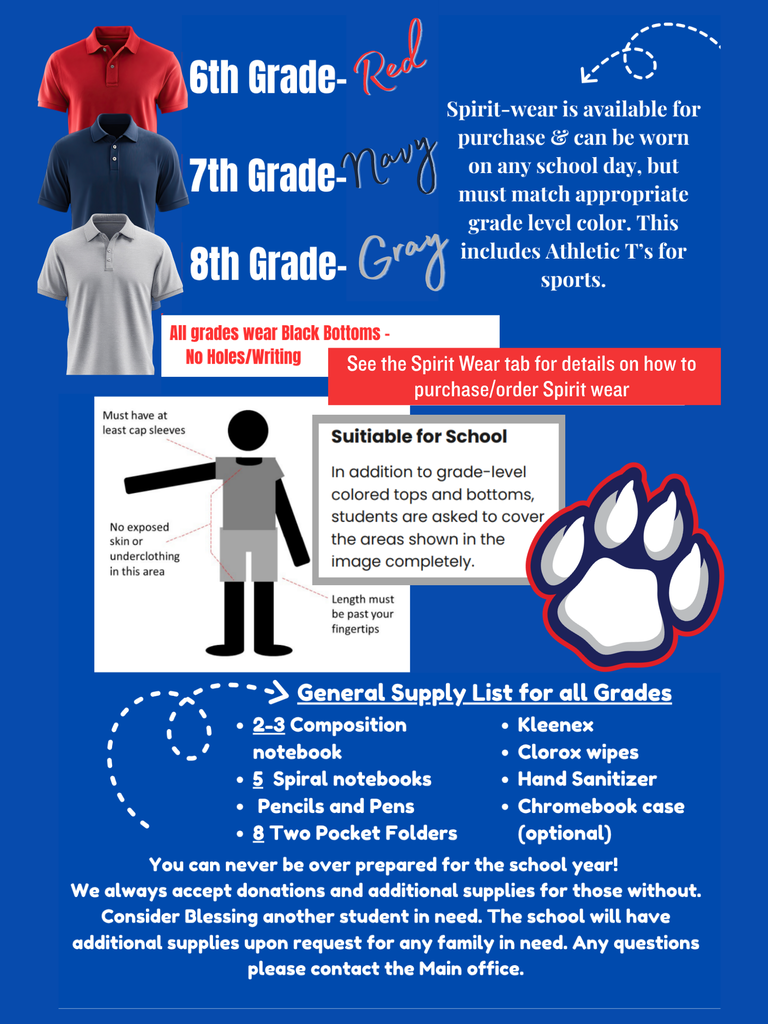 Uniform for each grade and supply list