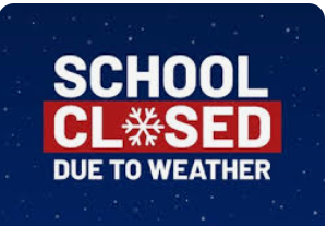 School Closed due to weather sign. Red and blue sign with snowflakes