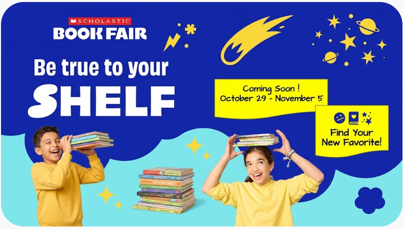A child has books on their head.  Advertising the Scholastic book fair will run from Oct 29 - November 5