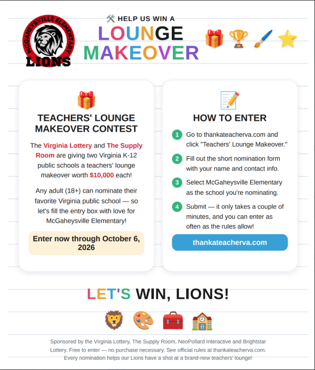white flyer advertising a contest from the Virginia Lottery for a chance to with a Teacher's Lounge Makeover