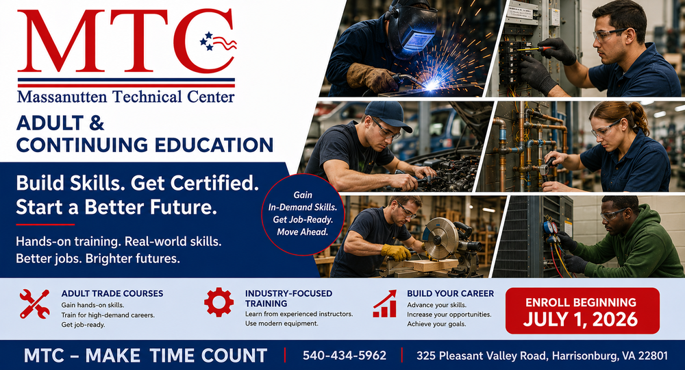Advertisement for adult trade classes, including phone number and address of school.