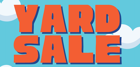 Red letters on blue background reading Yard Sale