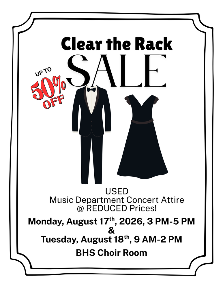 A poster features a tuxedo and black dress. Text reads "Clear the Rack Sale, up to 50% off." Details include the Music Department Concert Attire sale, dates, and location.