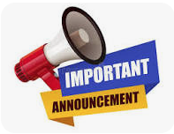 Important Announcement written on blue and yellow rectangles with a red and white megaphone