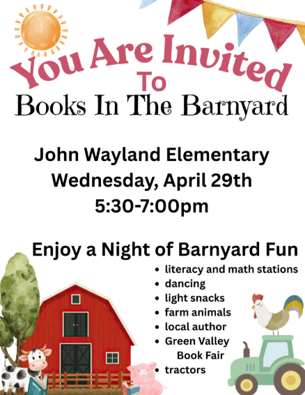 Barnyard themed flyer for Books in the Barnyard literacy Night. 