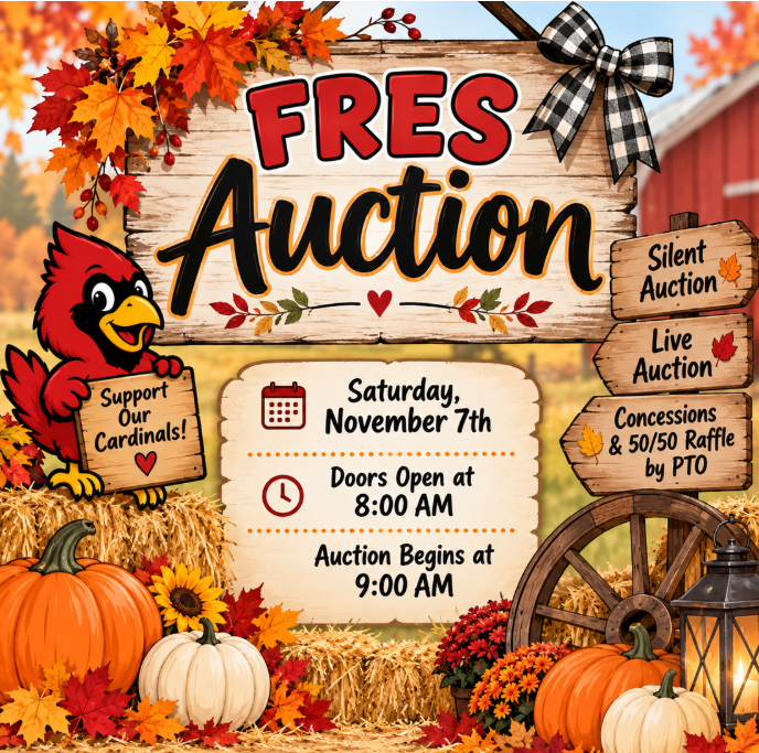 Flyer with cardinal and fall scene.  FRES Auction November 7th