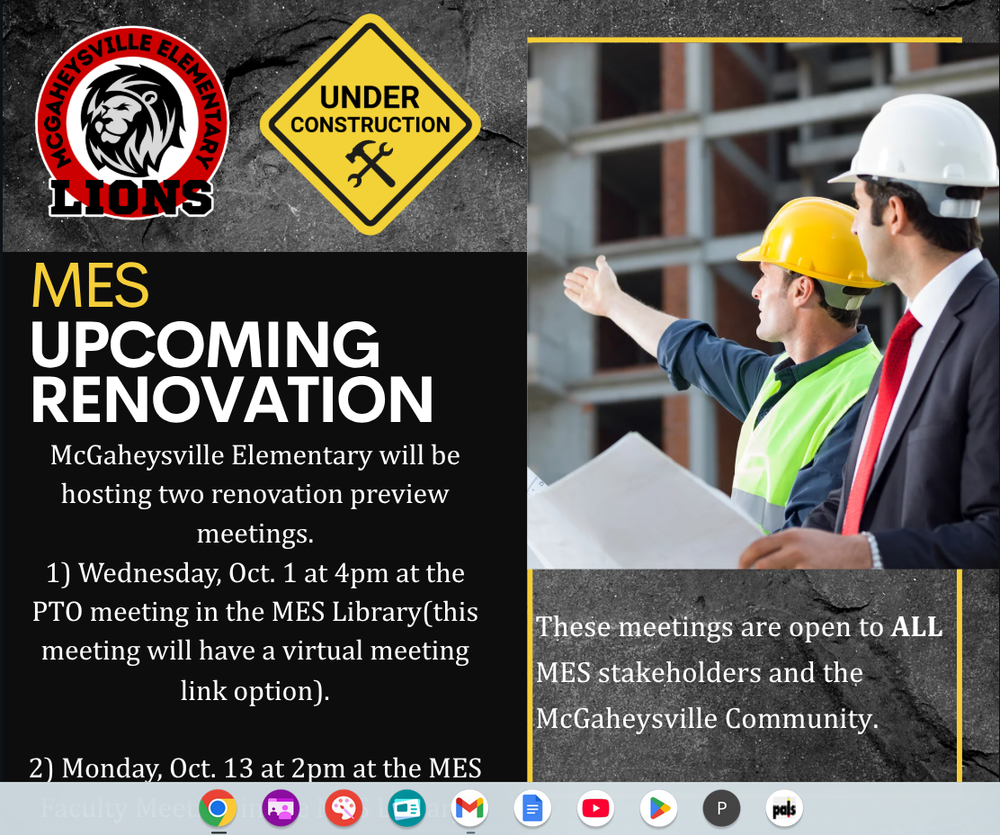 2 construction worker men in hard hats looking at plans advertising the upcoming renovation meetings