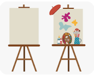 2 easels, one blank and one with paitings on it with paintburshes and paint
