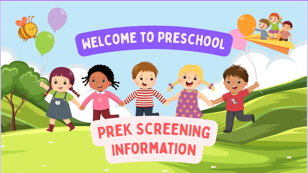 Prek Screening Information poster with children playing outside