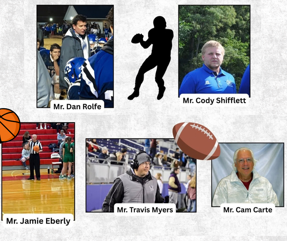 Collage of photos of the coaches and footballs and basketballs 
