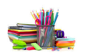 a picture of notebooks, paper, color pincels and other school supplies