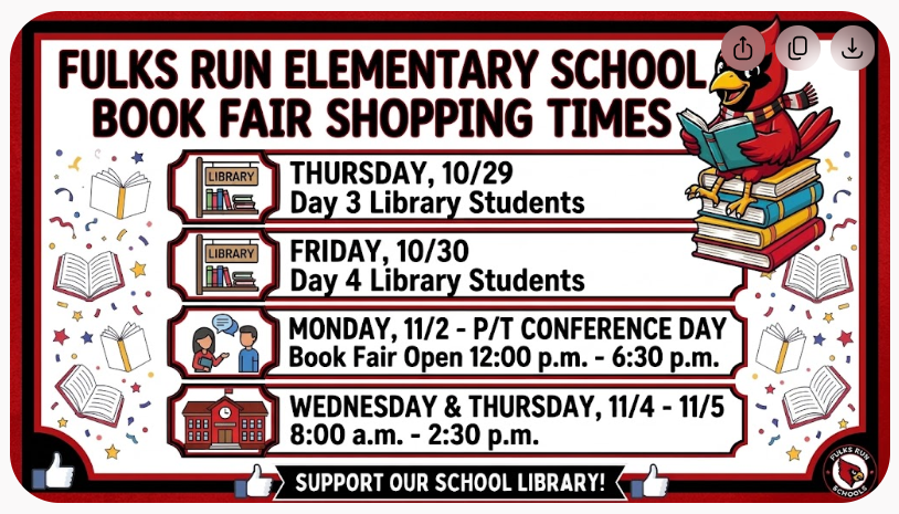 A child has books on their head.  Advertising the Scholastic book fair will run from Oct 29 - November 5