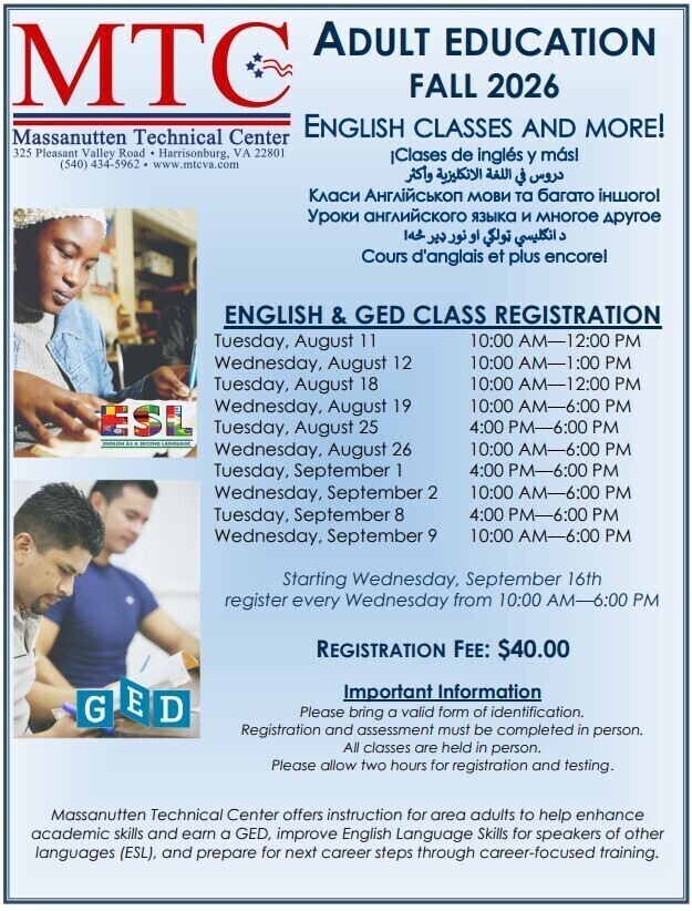 registration schedule for english class and GED Class at MTC