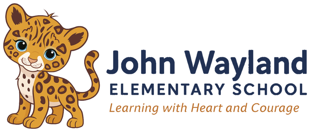 # ADA-Accessible Image Description  A cartoon illustration of a smiling spotted jaguar standing beside the words “John Wayland Elementary School.” Below the school name is the tagline, “Learning with Heart and Courage.” The jaguar is orange and yellow with dark brown spots, large blue eyes, and a curled tail. The school name appears in dark blue lettering, with the tagline in orange script.