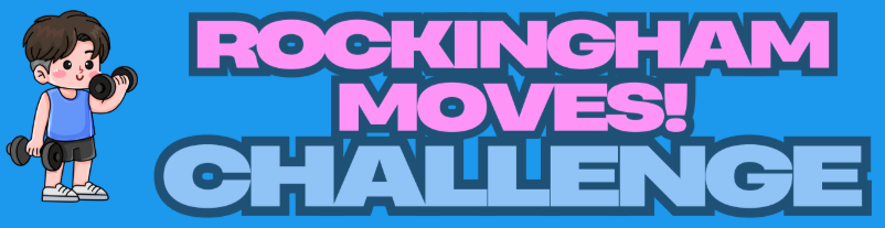 Cartoon boy lifting weights in a blue shirt and black pants. Rockingham Moves Challenge is written in pink and blue. 