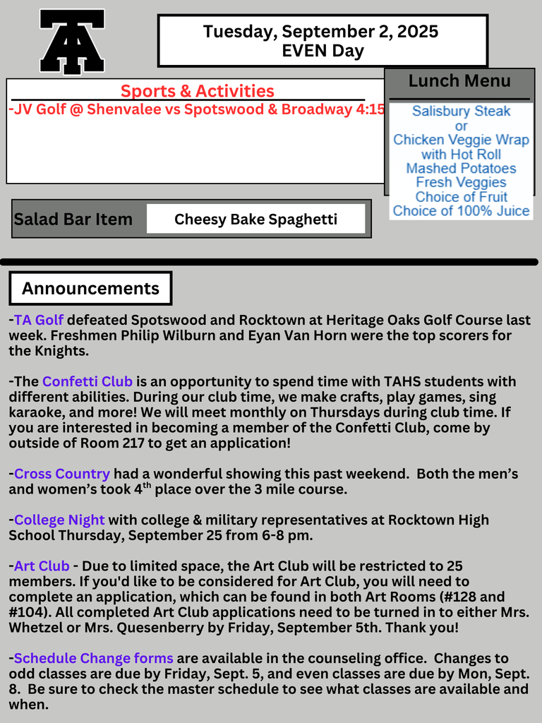 TAHS Daily Newsletter