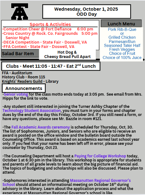 TAHS Daily Newsletter 10/1