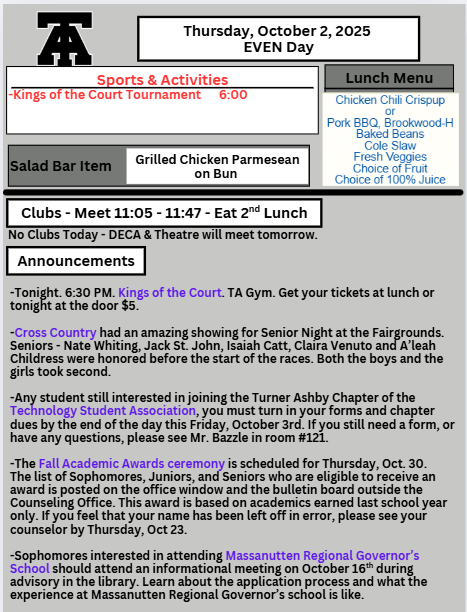 TAHS Daily Newsletter 10/2