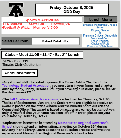 TAHS Daily Newsletter 10/3