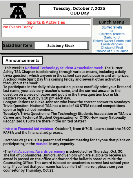 TAHS Daily Newsletter 10/7