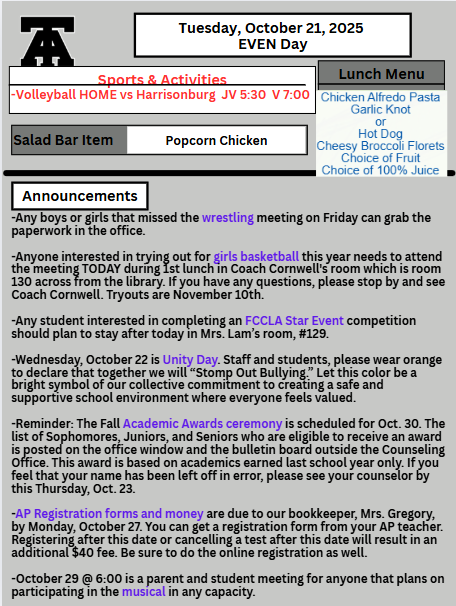 TAHS Daily Newsletter 10/21
