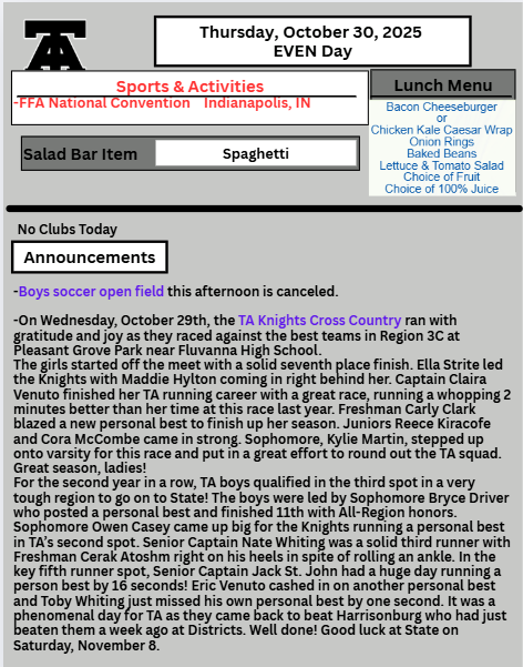 TAHS Daily Newsletter