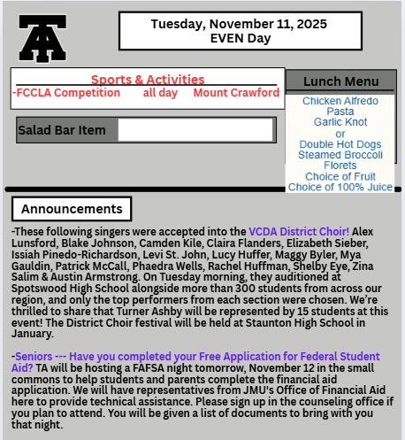 TAHS Daily Newsletter