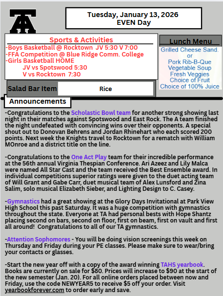 TAHS Daily Newsletter