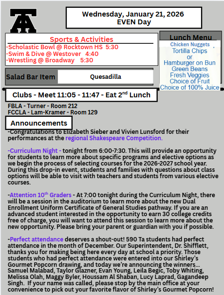 TAHS Daily Newsletter